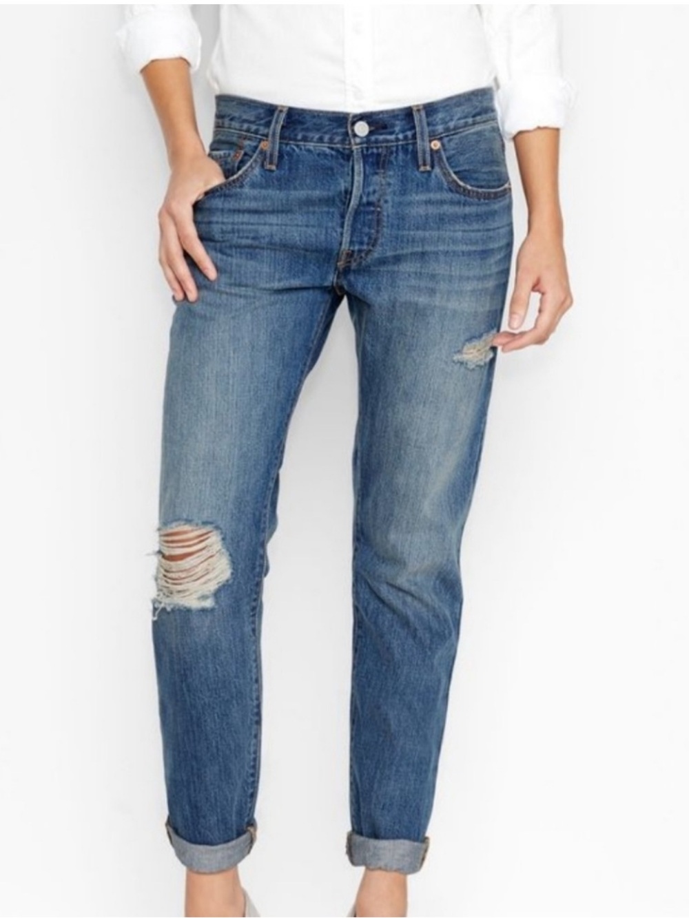 Levi's 501 Ct Jeans Boyfriend Distressed in Medium Blue Wash Mid Rise Denim 2